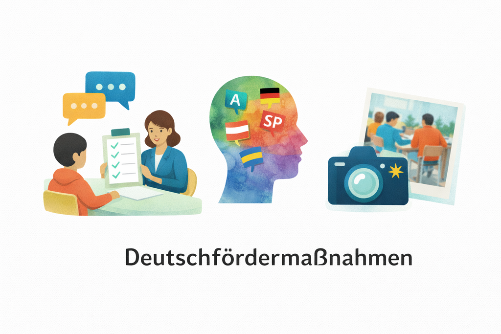 Drei unterschiedliche Bilder. Links zwei Personen, die sich unterhalten. In der Mitte ein Kopf, der mit unterschiedlichen Länderfahnen gekennzeichnet ist. Rechts eine Kamera und ein Bild von Personen.