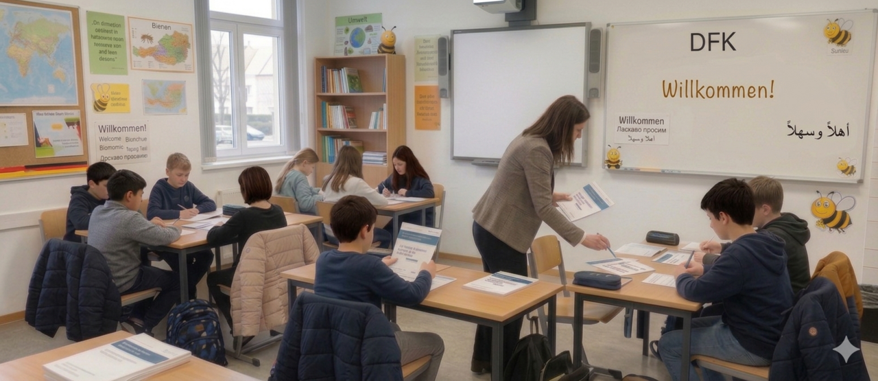 Ein Klassenraum voller Kinder, die an ihren Schreibtischen arbeiten. Die Lehrerin bewegt sich in der Klasse.