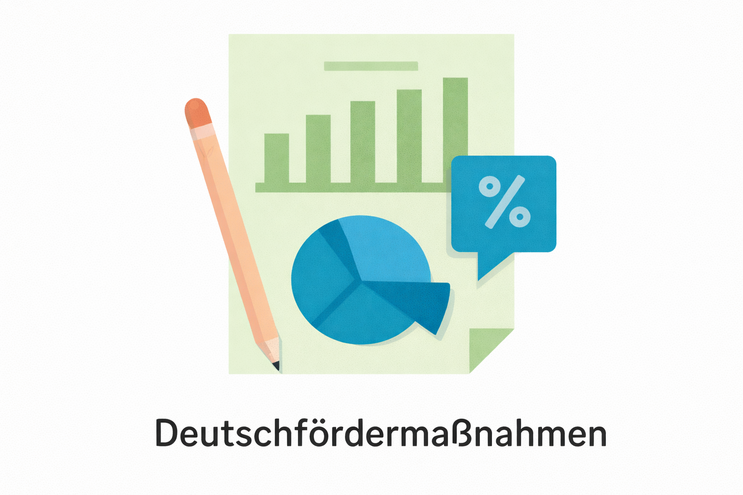 Eine Grafik (Torten- und Balkendiagramm). Ein Prozentzeichen und ein Bleistift. In der Mitte steht "Deutschfördermaßnahmen".