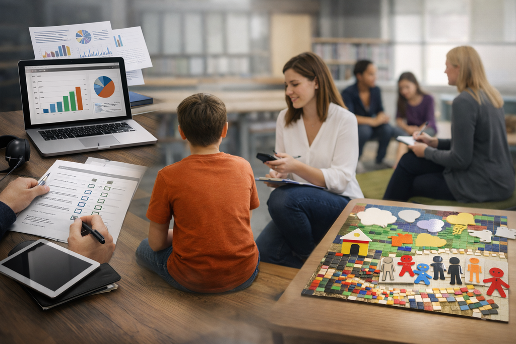 Ganz vorne im Bild ist ein Spielbrett zu sehen. In der Mitte sitzt ein Kind und eine erwachsene Person. Im Hintergrund sitzen mehrere Erwachsene Personen. Auf der Seite sieht man einen Laptop, auf dem unterschiedliche Grafiken zu sehen sind.